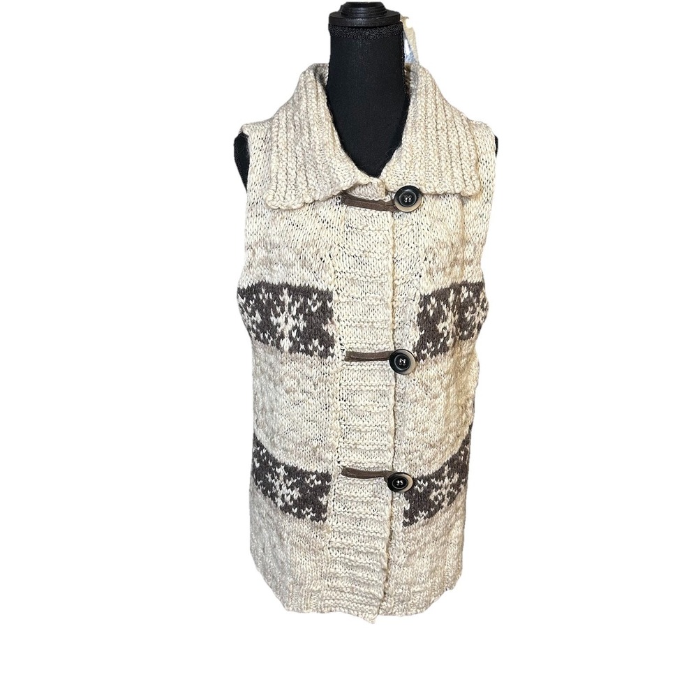 GioGio Knit Sweater Cardigan Wool Blend Sleeveless LG Brown Fair Isle Snowflake